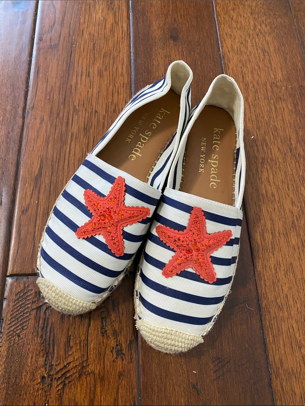 kate spade Navy and White Striped Espadrilles with Red Starfish